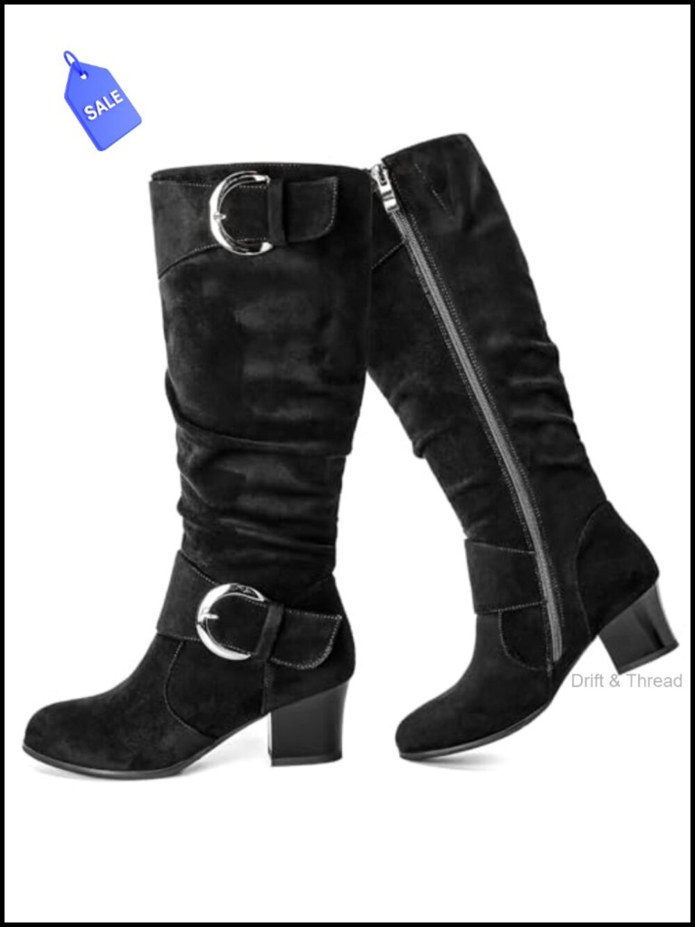 Women's Slouch Knee High Riding Boots Buckle Strap Block Mid Heel Faux Suede
